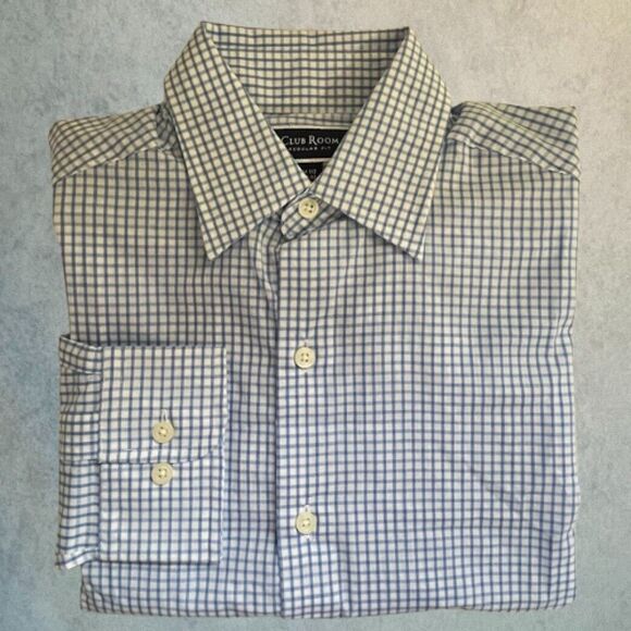 Club Room Mens Button Up Shirt Size S Blue Check Regular Fit Dress Shirt 14.5" - Picture 1 of 10